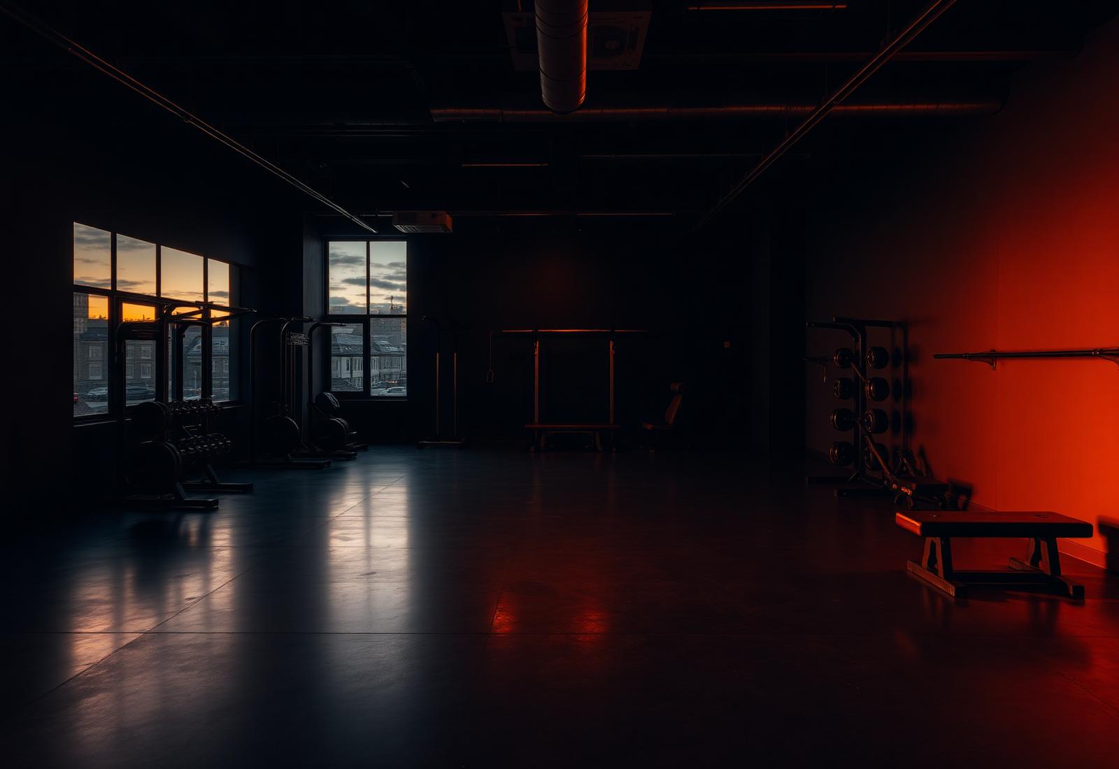 A dimly lit London training studio at dusk